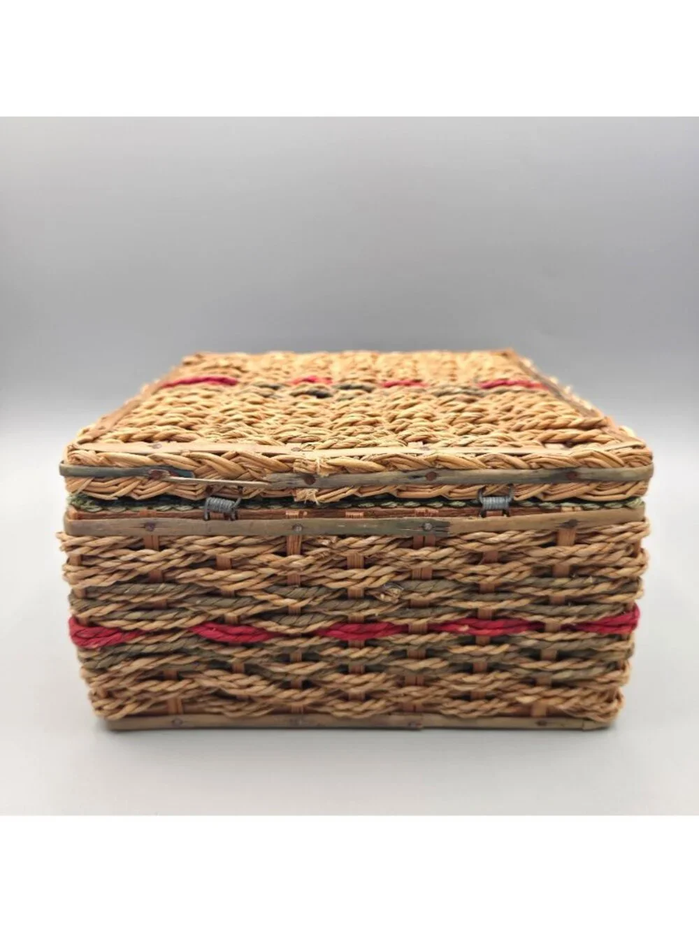 Vintage Woven Sewing Basket Hinged Lid Mid Century Green Satin Lining Cottage